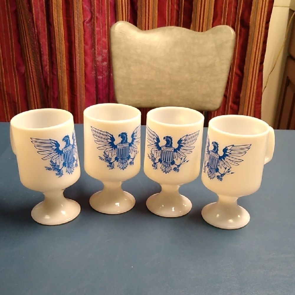 Milk Glass White and Blue Drinkware Set with Pedestal Design
